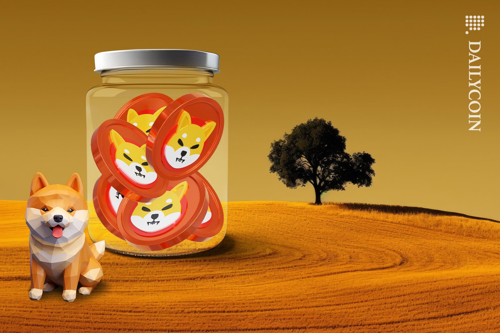 A jar filled with SHIB tokens on a land and a friendly shiba inu welcomes you.