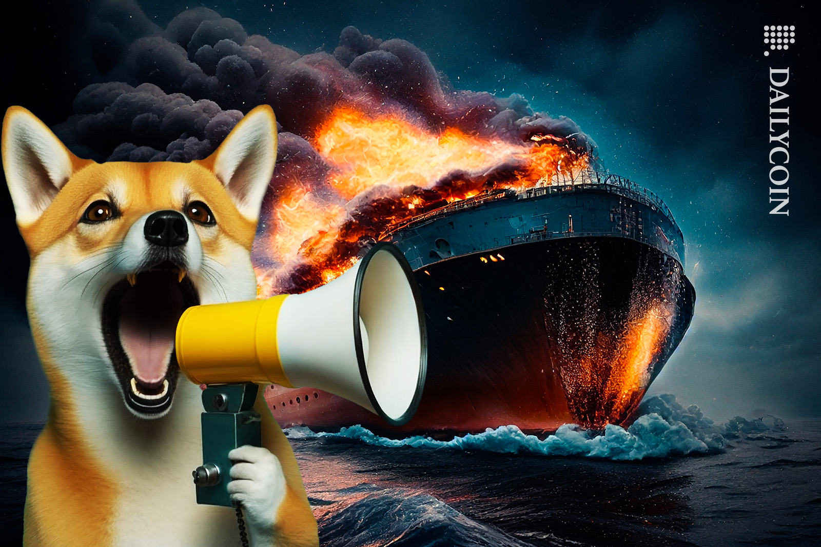 Shiba inu screaming from a megaphone his ship is on fire