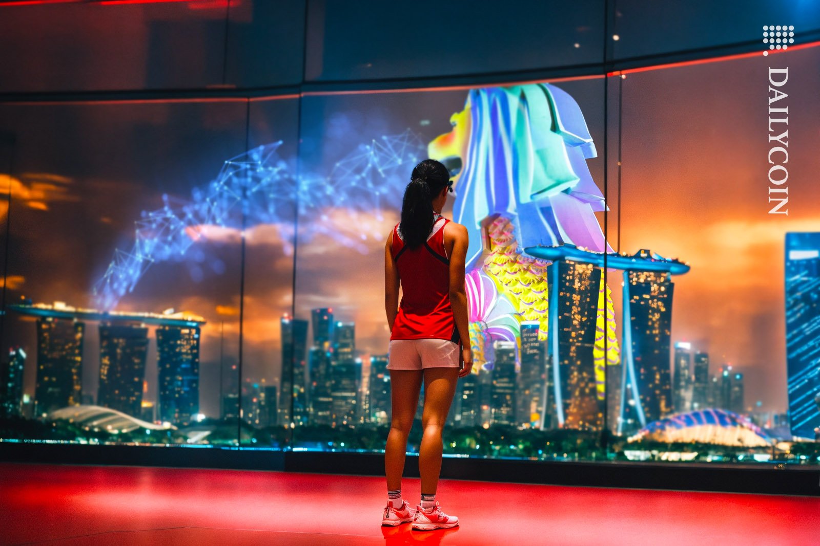 Girl watching Singapore panorama from a high building, and sees the Merlion sculpture spraying Defi out his mouth all over the city.