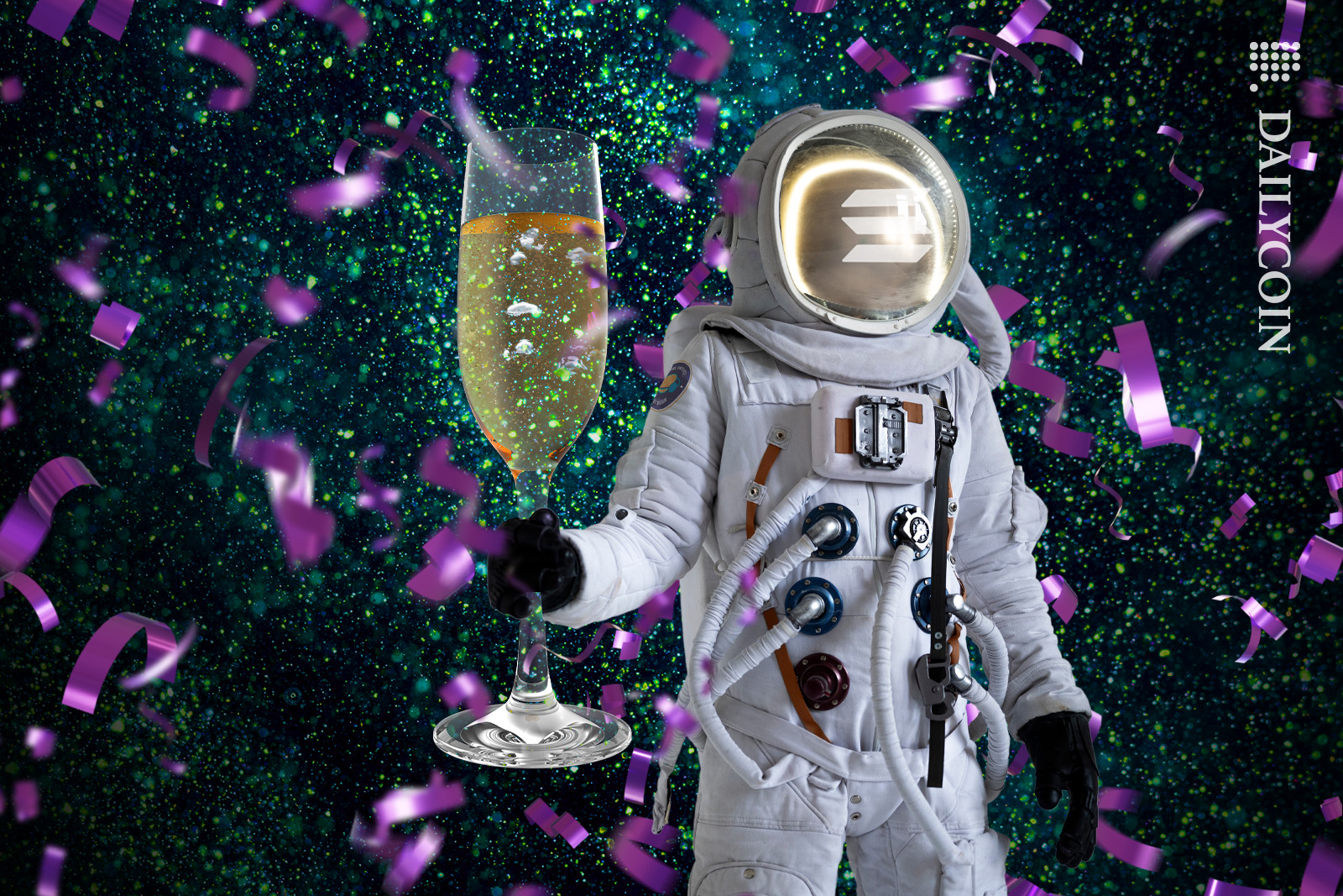 Solana astronaut celebrating with champaigne.