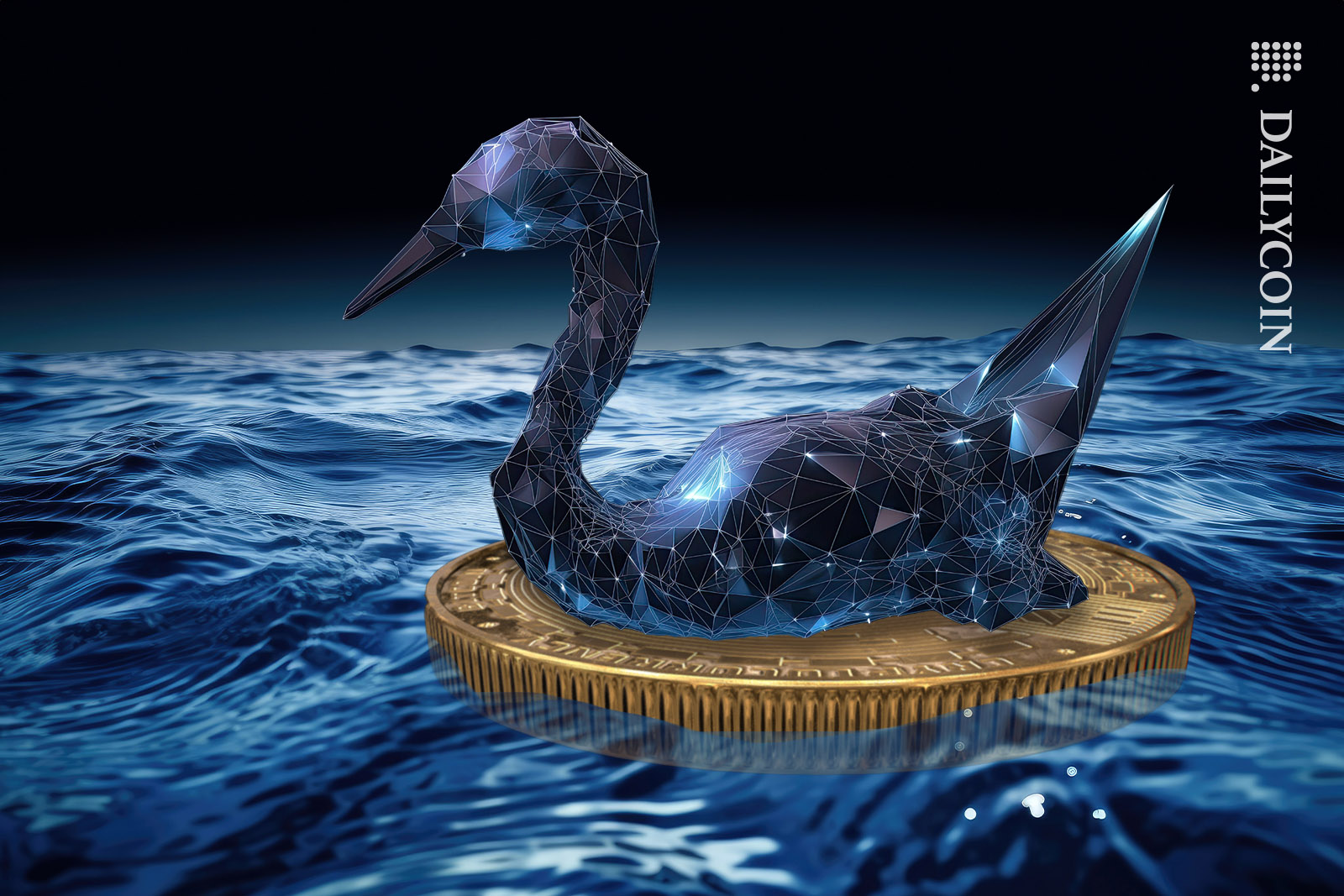 A digital bitcoin swan on the way somehwere in the dark waters.