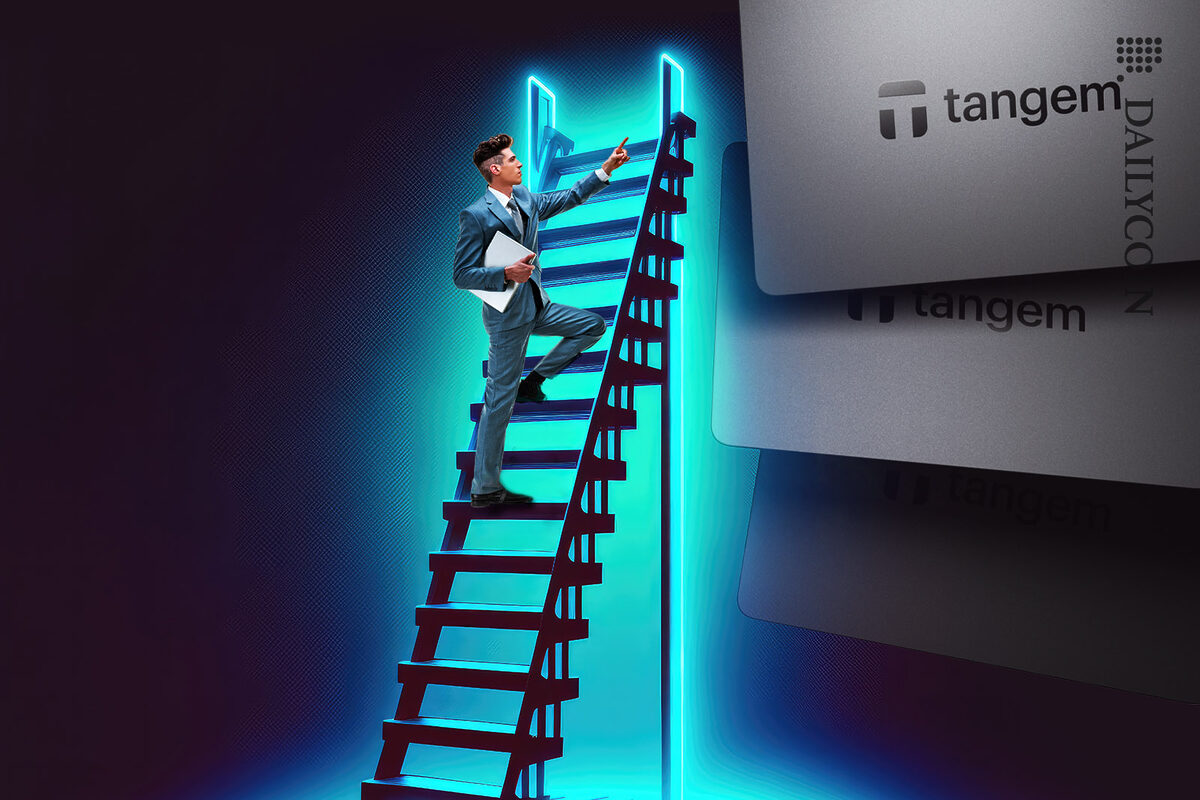 Man climbing up a ladder to see Tangem cards.