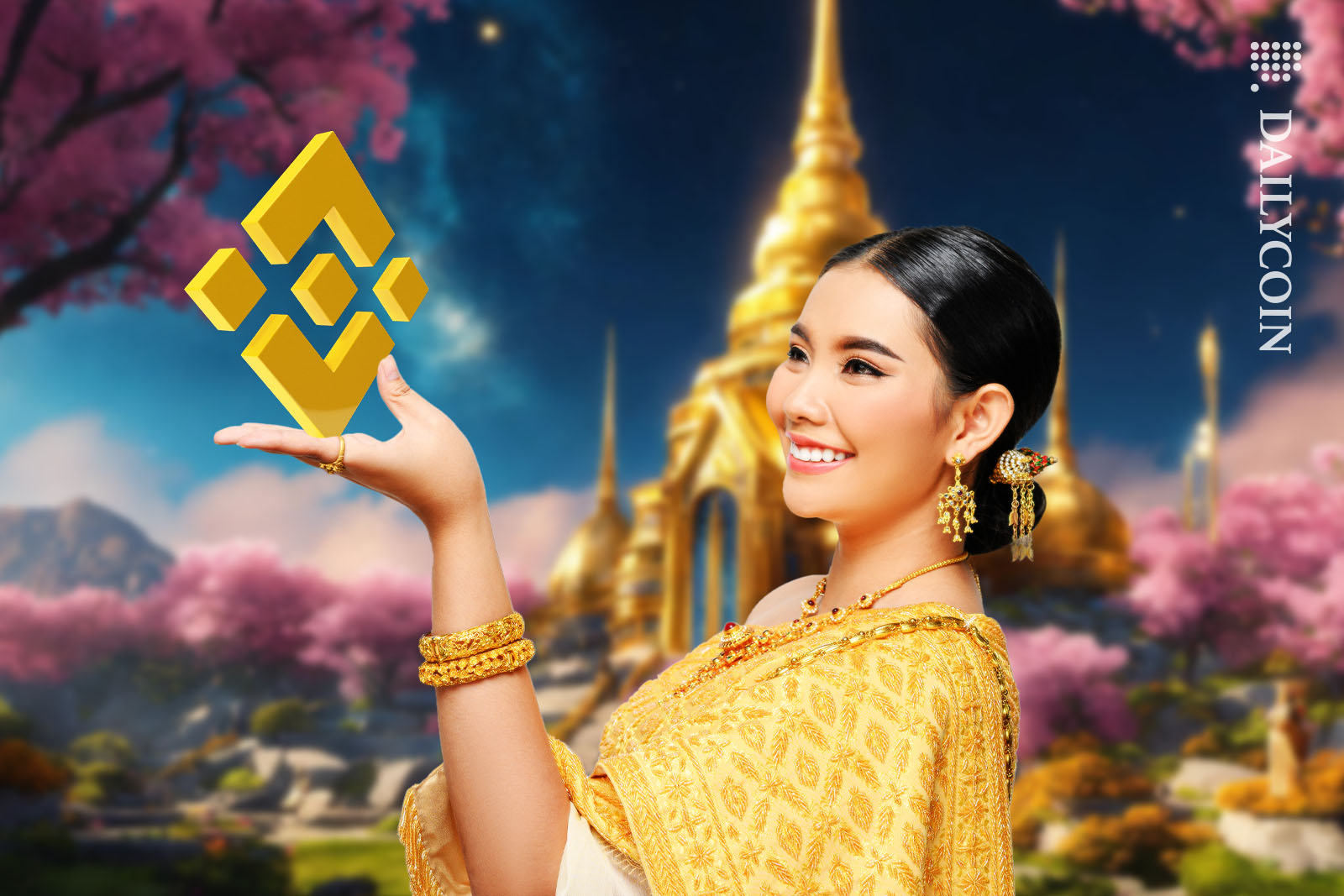 Thai woman smiling holding Binance logo in a private Thailand garden land.