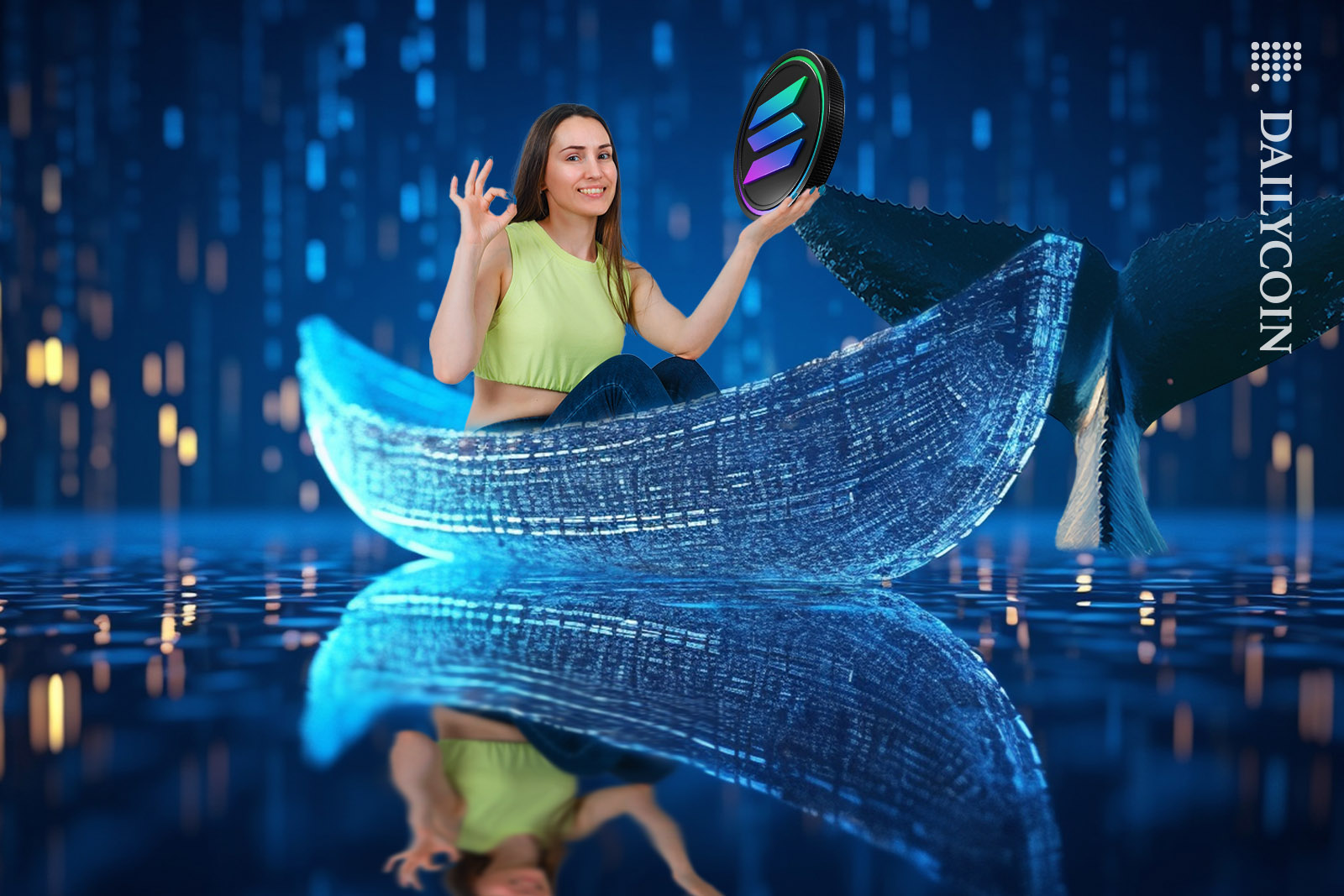 Girl on a digital boat holding Solana and there is a sign of a whale in the digital waters.