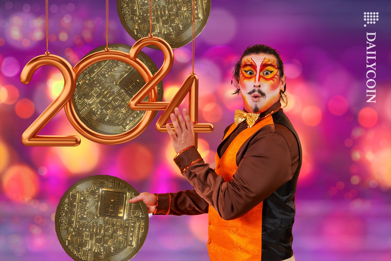 Juggling performer showing all the new crypto projects for 2024.
