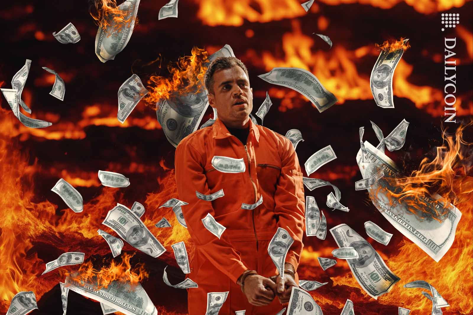 Anatoly Legkodymov of Bitzlato surrounded with flames and burning money.