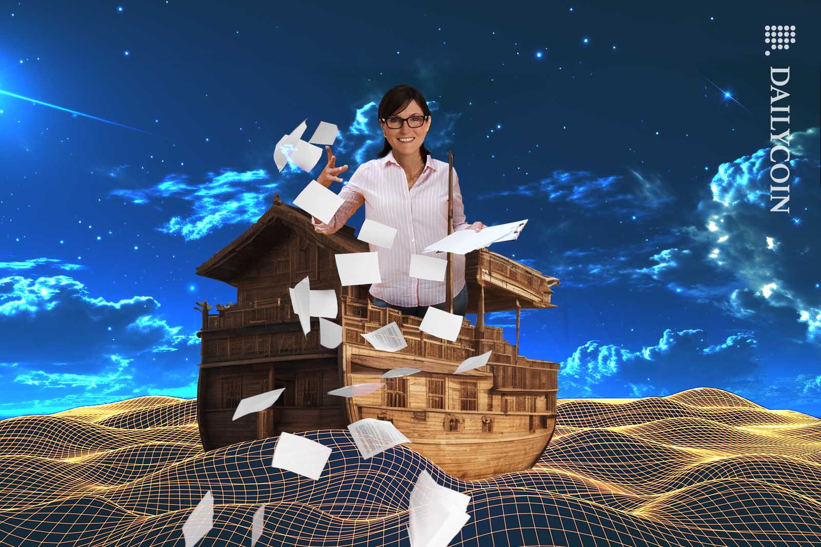 Catherine Wood throwing papers into a wireframe sea from a wooden ark.
