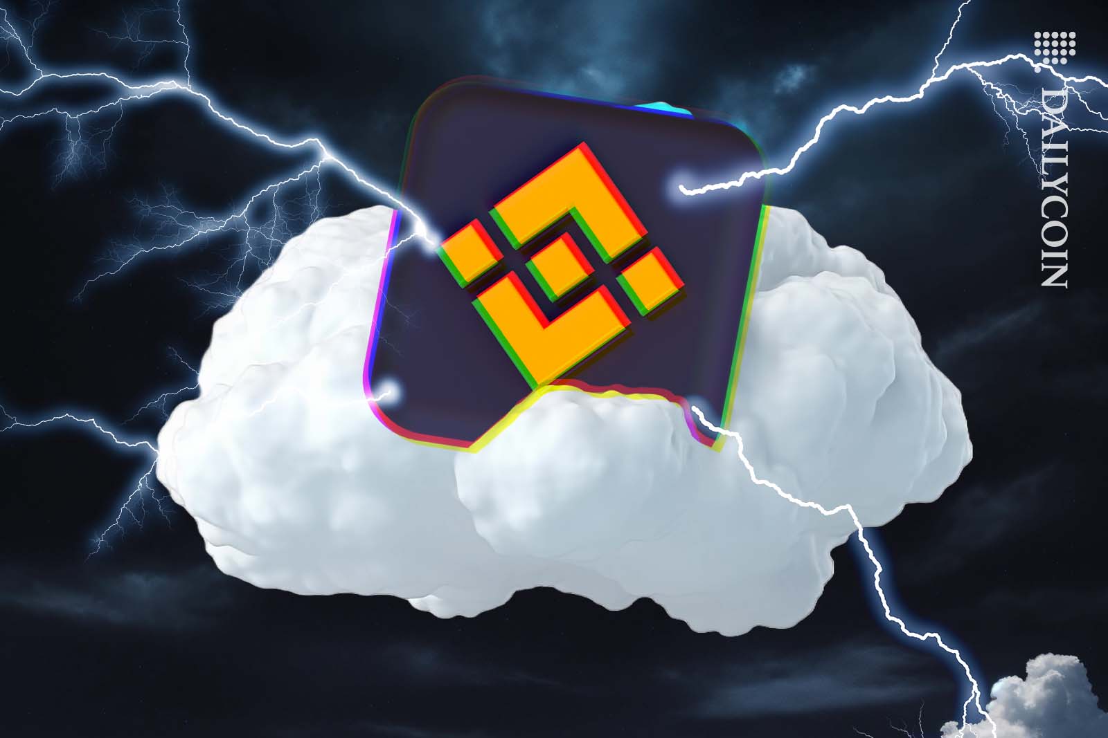 Binance wallet sitting on a white cloud throwing lightning bolts all over the place.