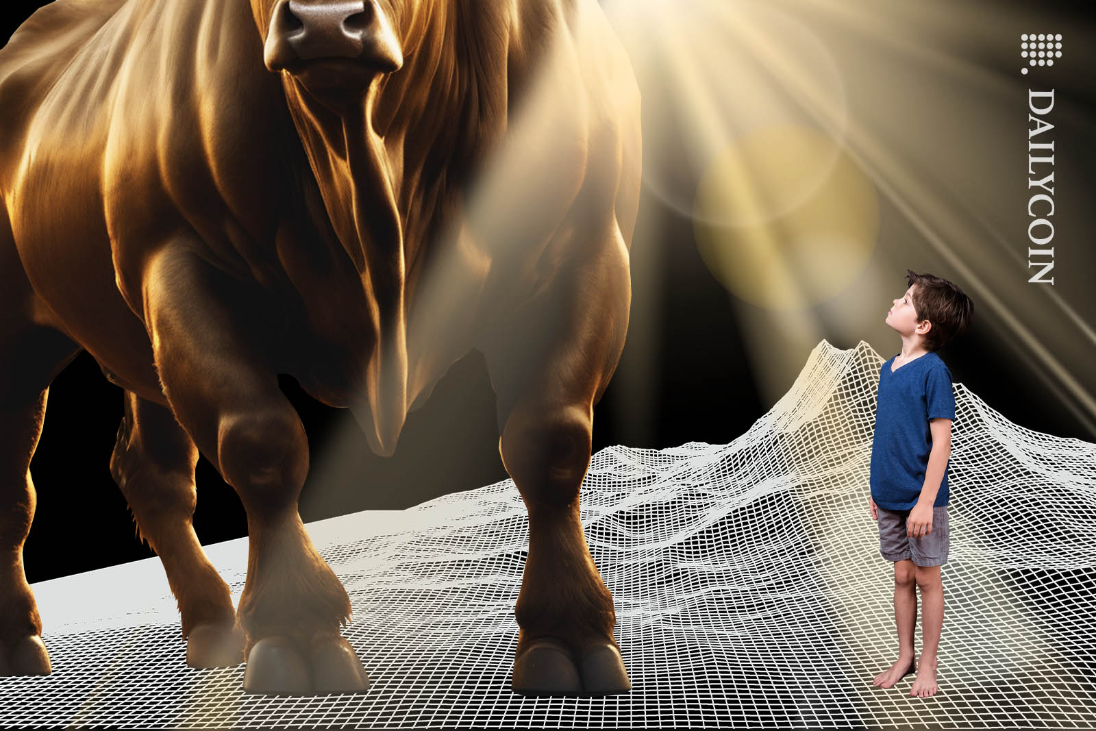 Little boy looking up to a huge golden bull.