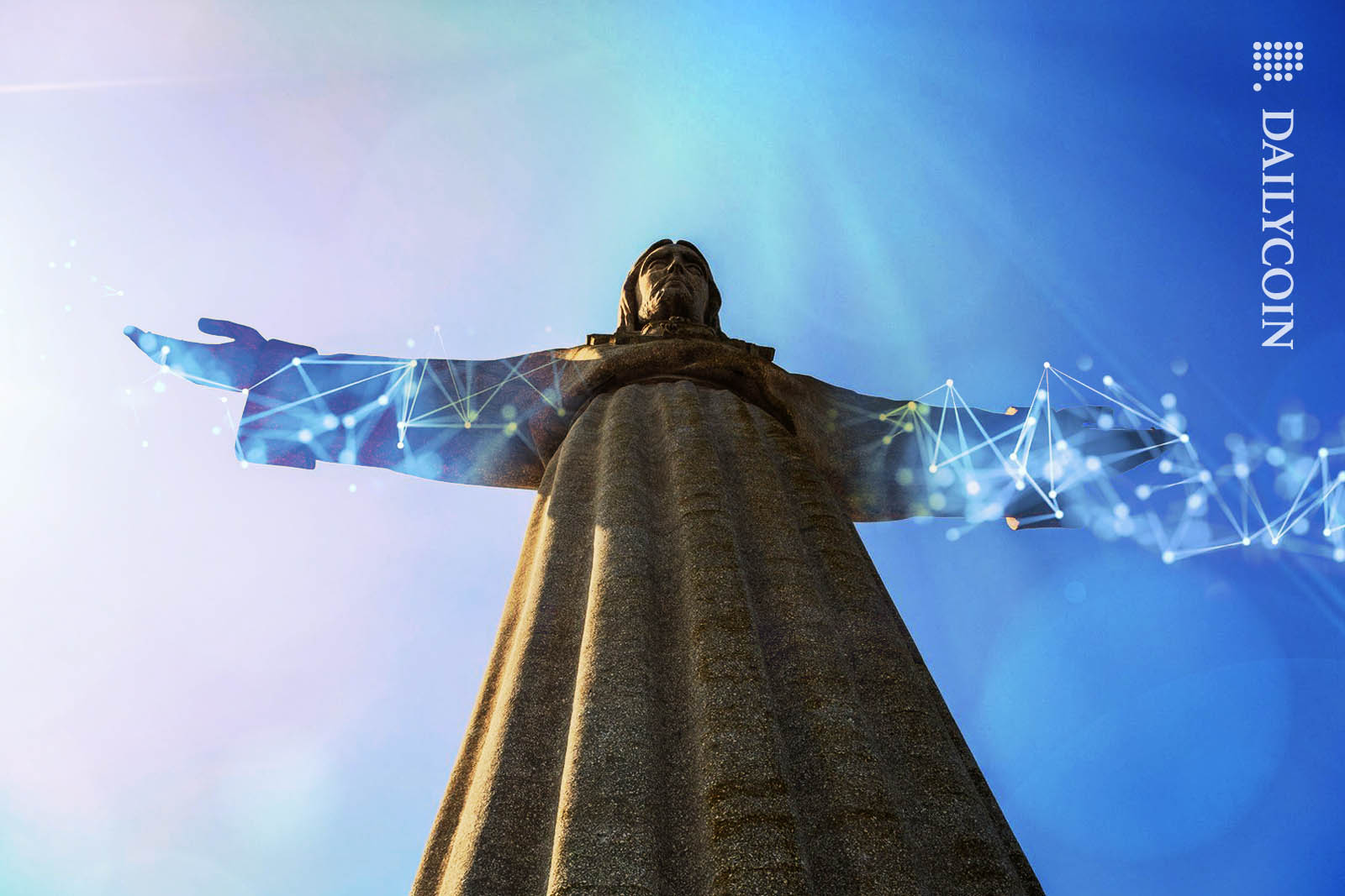 Christ the Redeemer statue in Brazil, spreading blockchain through his arms.