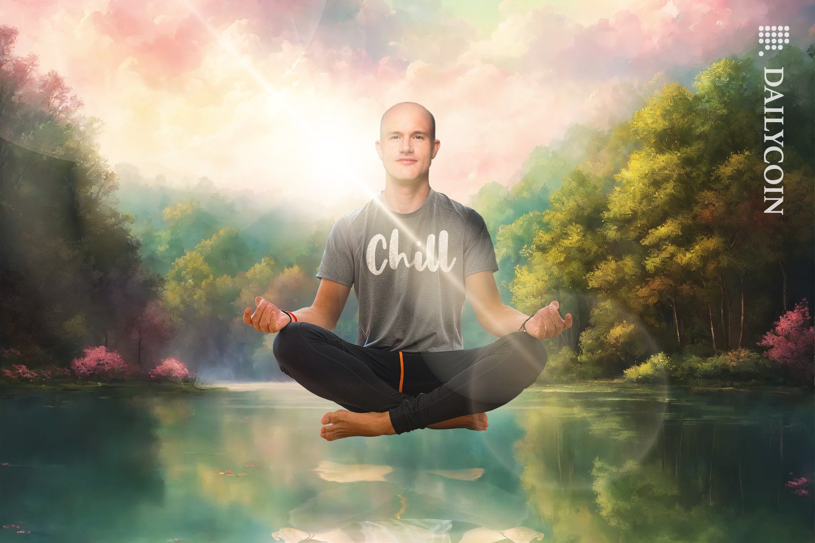 Brian Armstrong levitating above a tranquille forest lake wearing a "Chill" T-shirt.