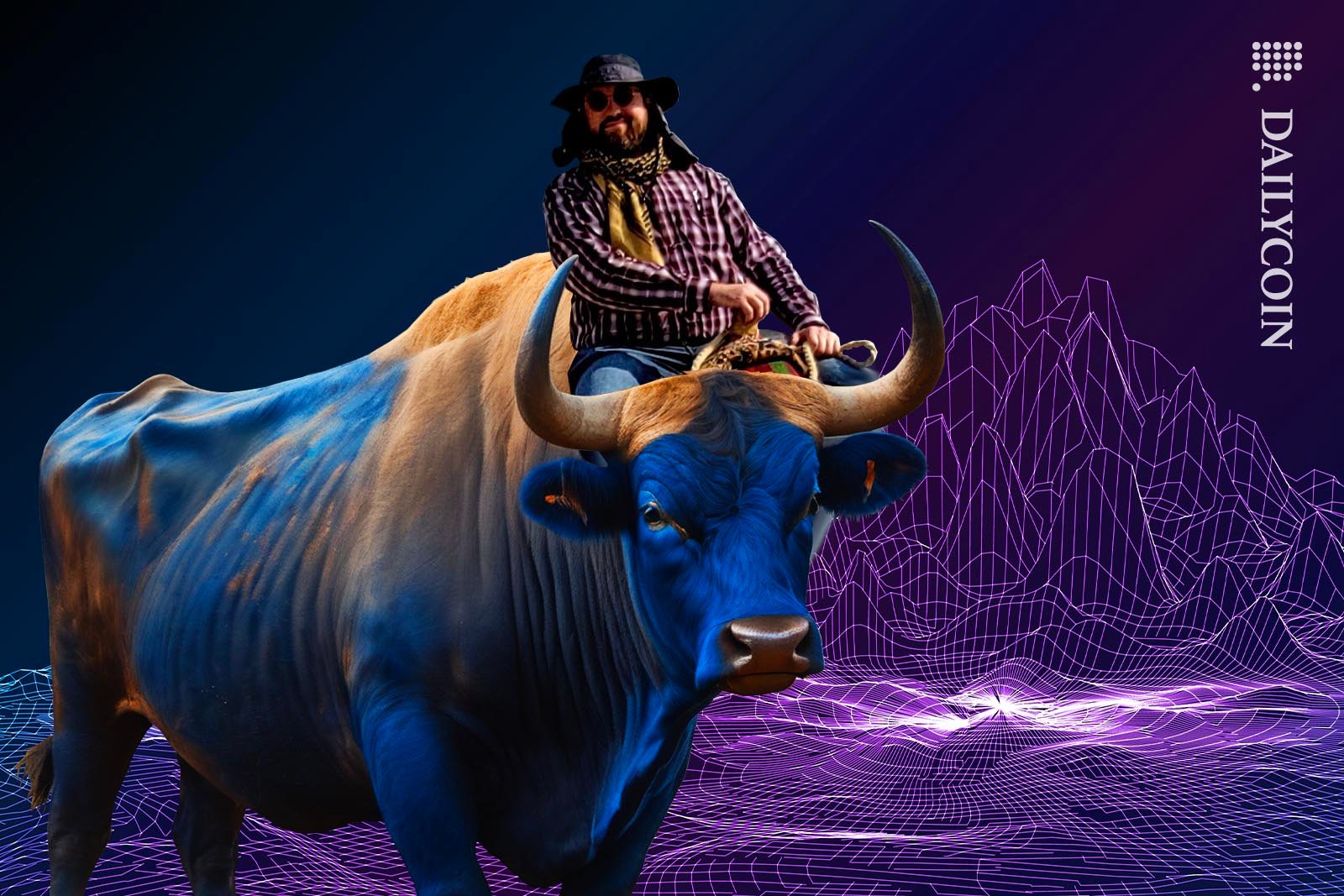 Cardano Charles Hoskinson riding a huge blue bull.