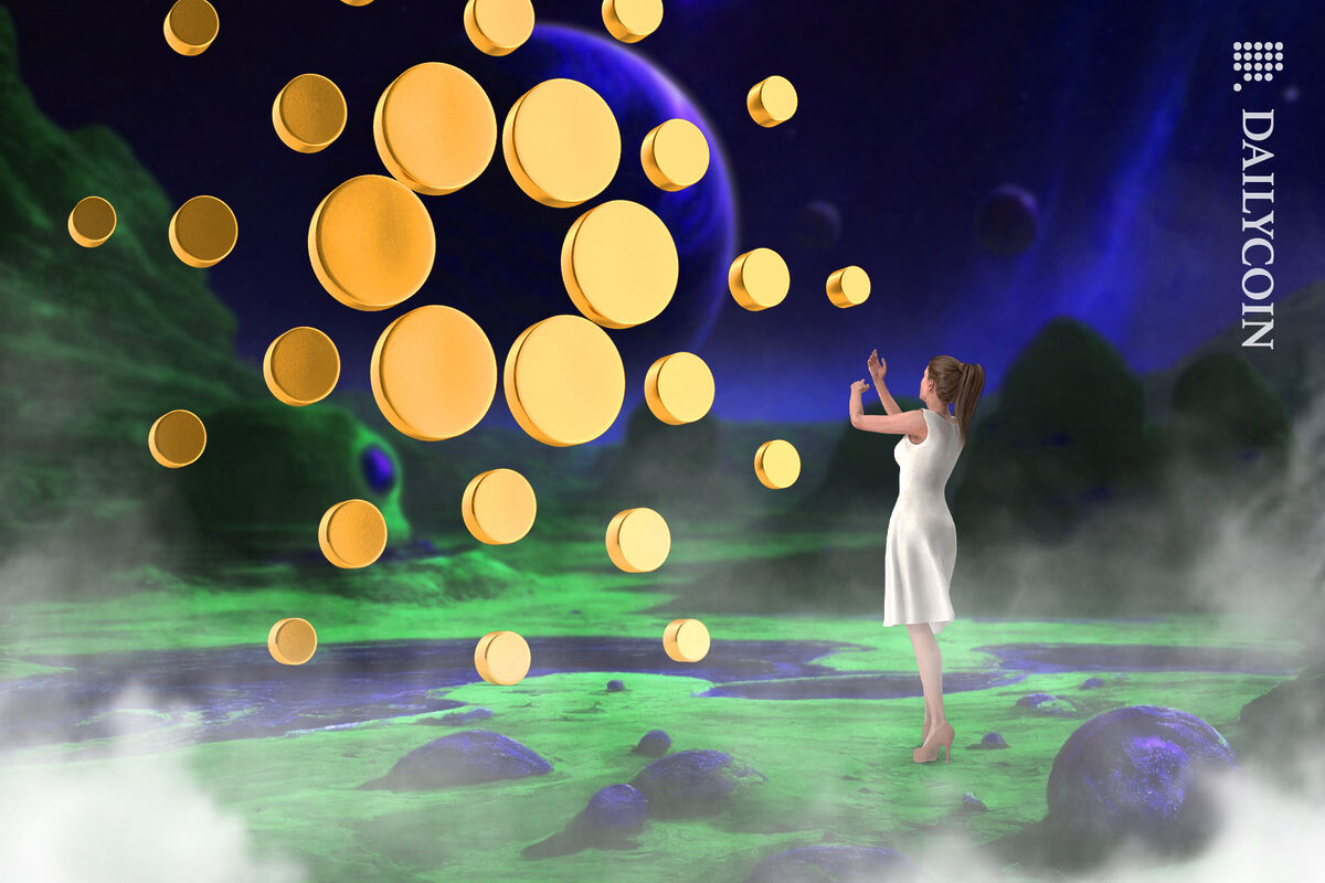 Big golden Cardano logo presented by a woman in a white dress on an alien planet.