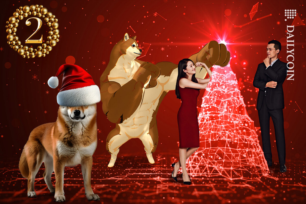 Doge trying to punch of the digital star of the christmas tree. Changpeng and Ye Hi smiling next to the tree. Shiba inu has a santa hat stuck on his head covering his eyes.