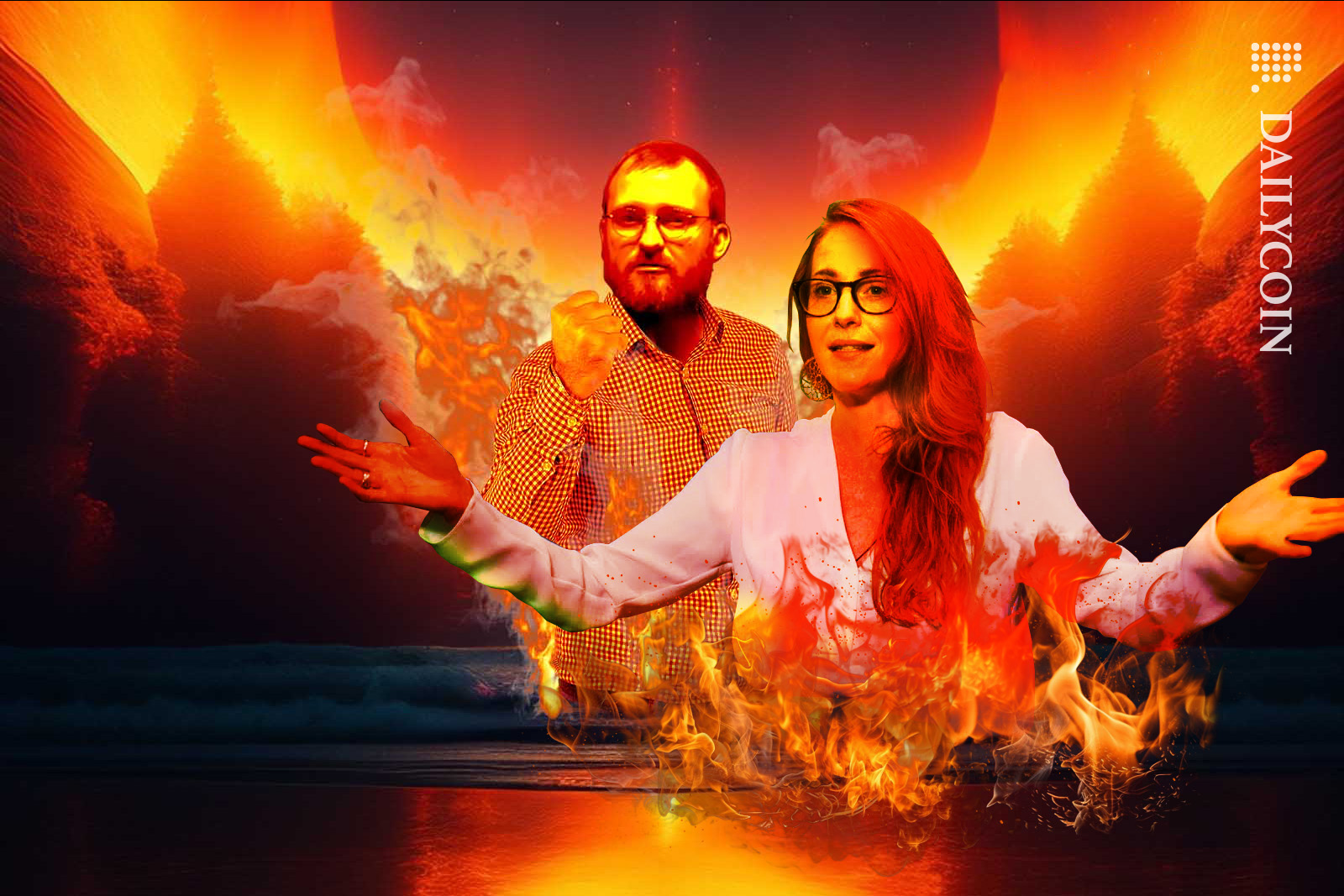 Charles Hoskinson and Tamara Hassen appears to be upset whilst engulfed by fire.