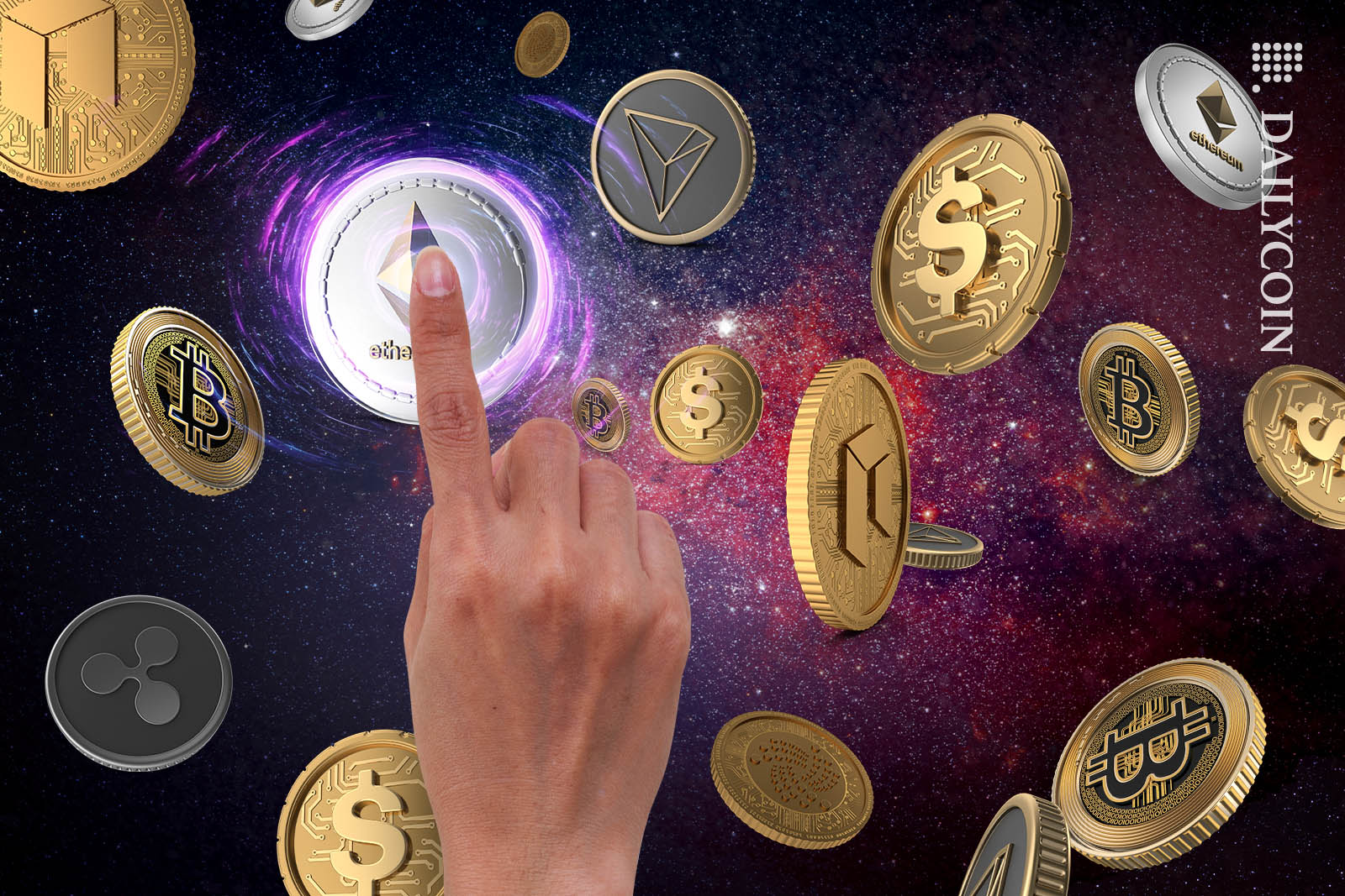 Hand touching an Ethereum coin in space as many other crypto coins floating about.