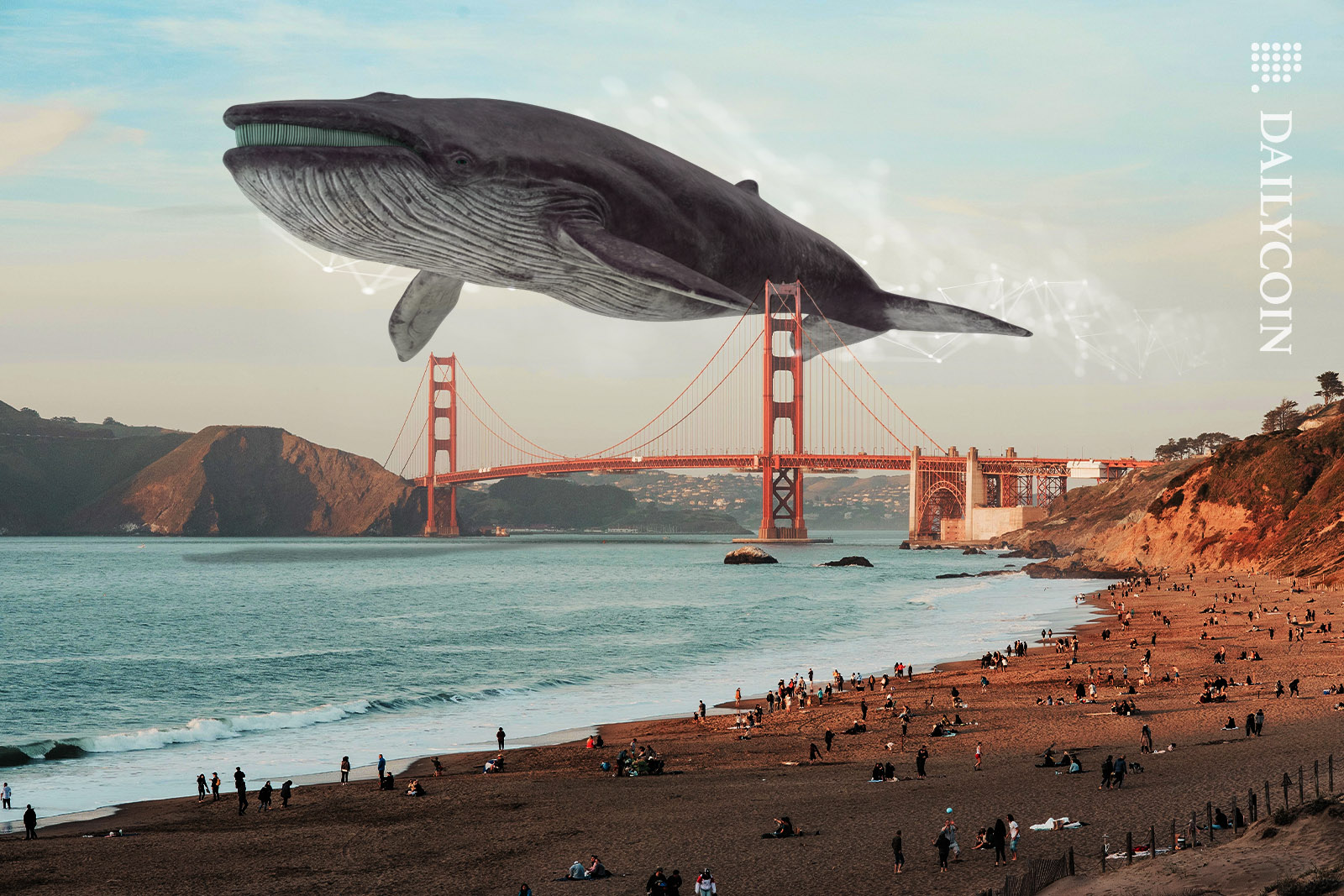 A giant whale flying above the Golden Gate bridge.