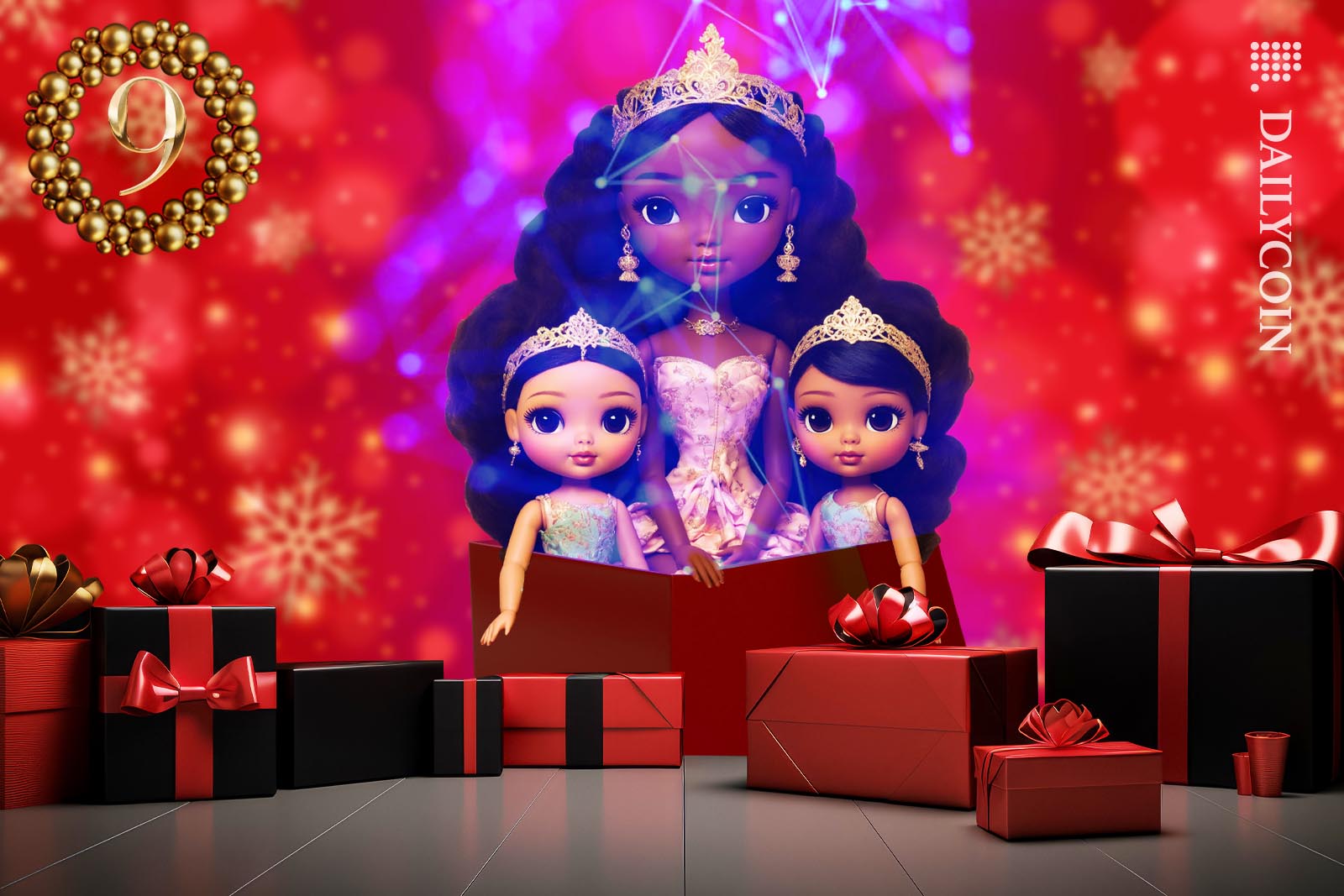 Three dolls sitting in a giftbox surrounded by many presents.
