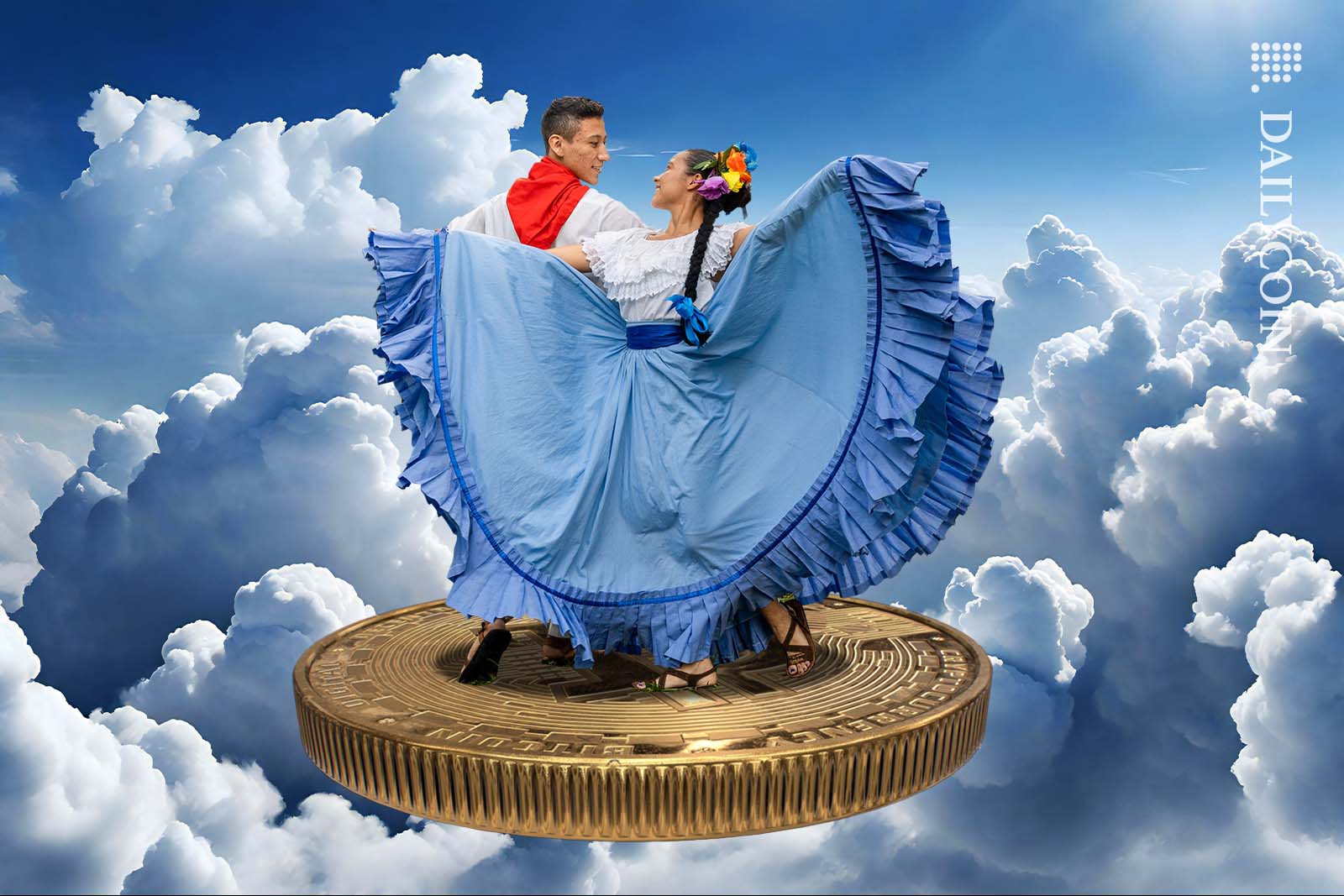 Traditionally dressed El Salvadorian couple dancing on a Bitcoin.