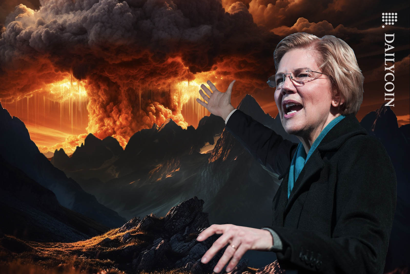 Elizabeth Warren pointing at a gigantic explosion disaster over the mountain.