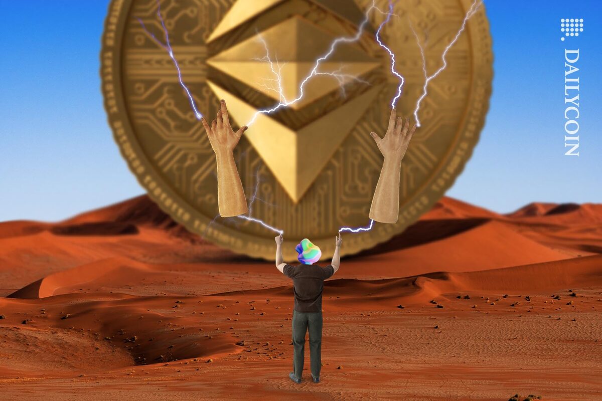 Man in a desert charging a giant Ethereum coin through his huge extra hands.