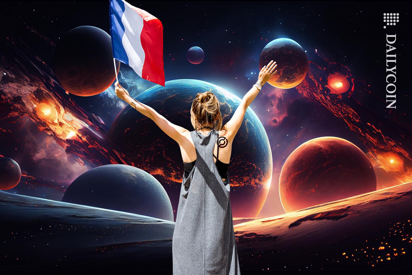 Woman with Circle tattoo waving a French flag towards alien planets in space.