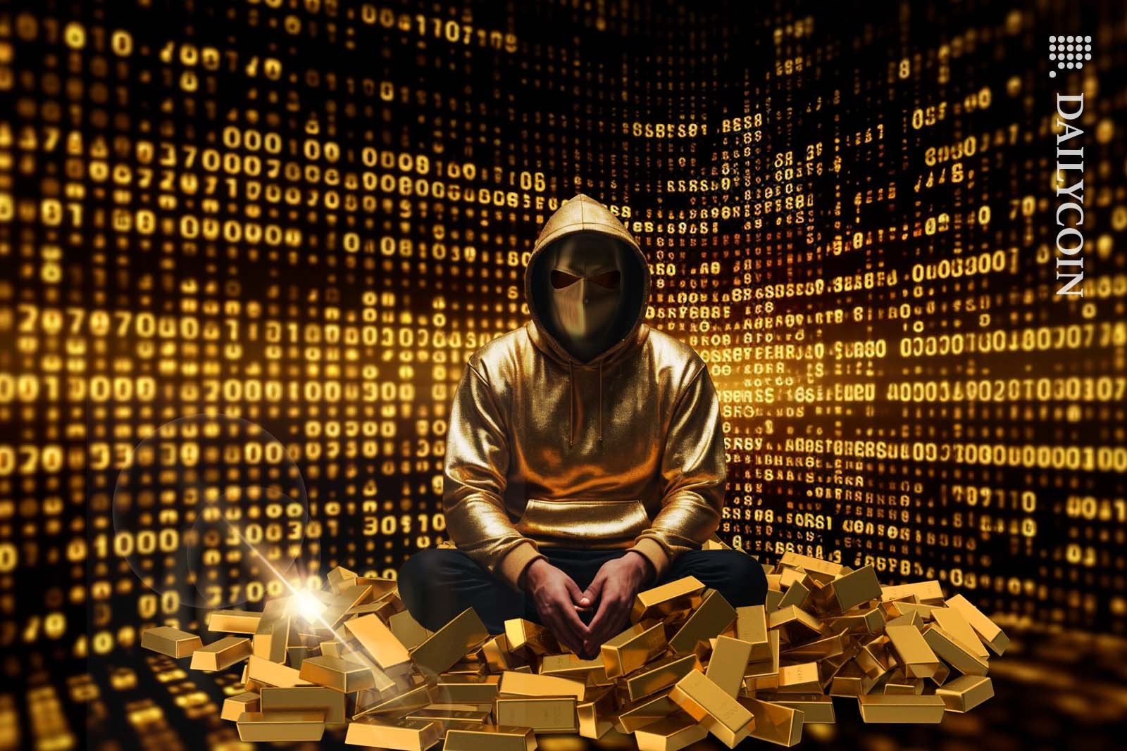 Hacker dressed in gold, sitting on a pile of gold in a digital room.