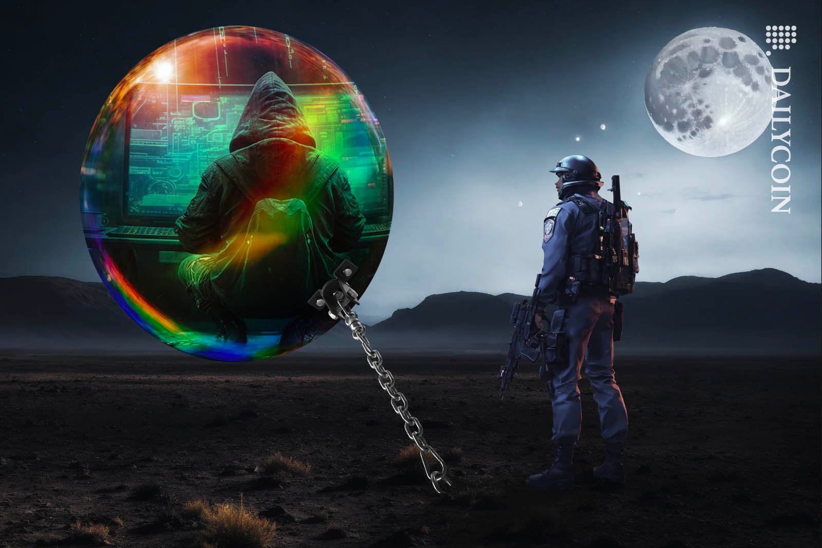 Futurisctic police officer looking at a colourful sphere with a hacker sitting in it, chained to the ground.