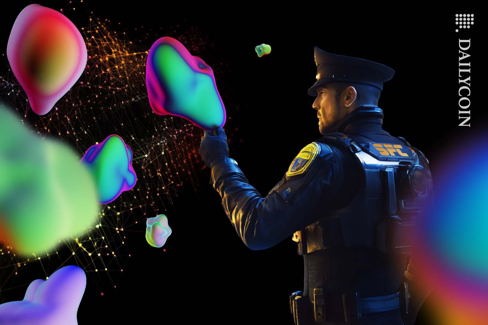 Futuristic police officer examining an iridescent unidentified object.
