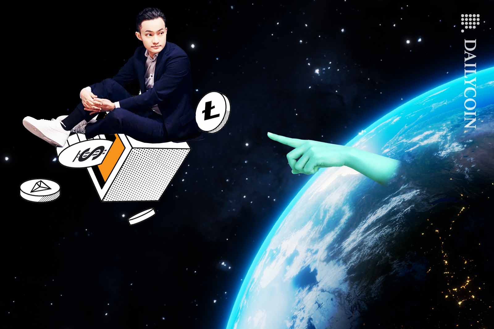 Justin Sun floating around in space on a cartoon safe, as a hand from earth pointing at him.