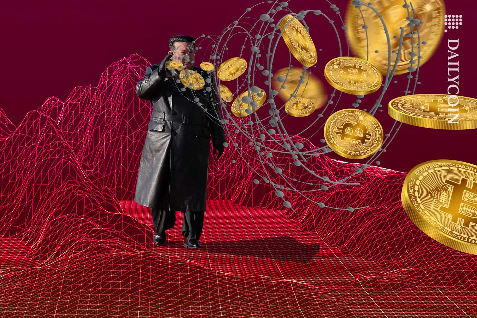 Kim Jong-Un in a digital landscape sucking up bitcoins with his hand.