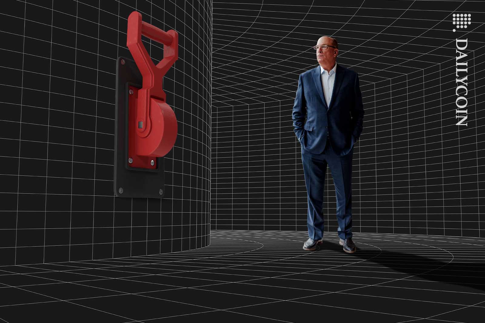 Larry Fink staring at a huge kill switch in a digital wireframe tunnel.