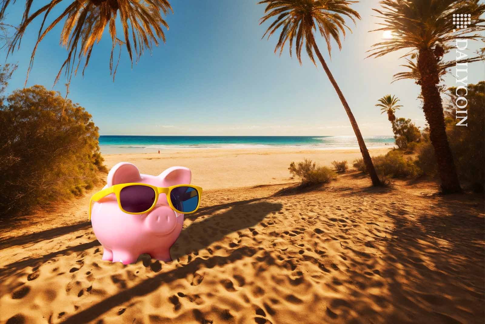 Pink piggy bank chilling on a nice beach wearing yellow sunglasses.