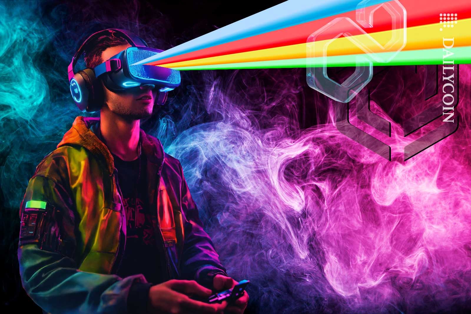 Very colourful gamer guy vearing VR glasses and headphones sitting in a smoke filled room.