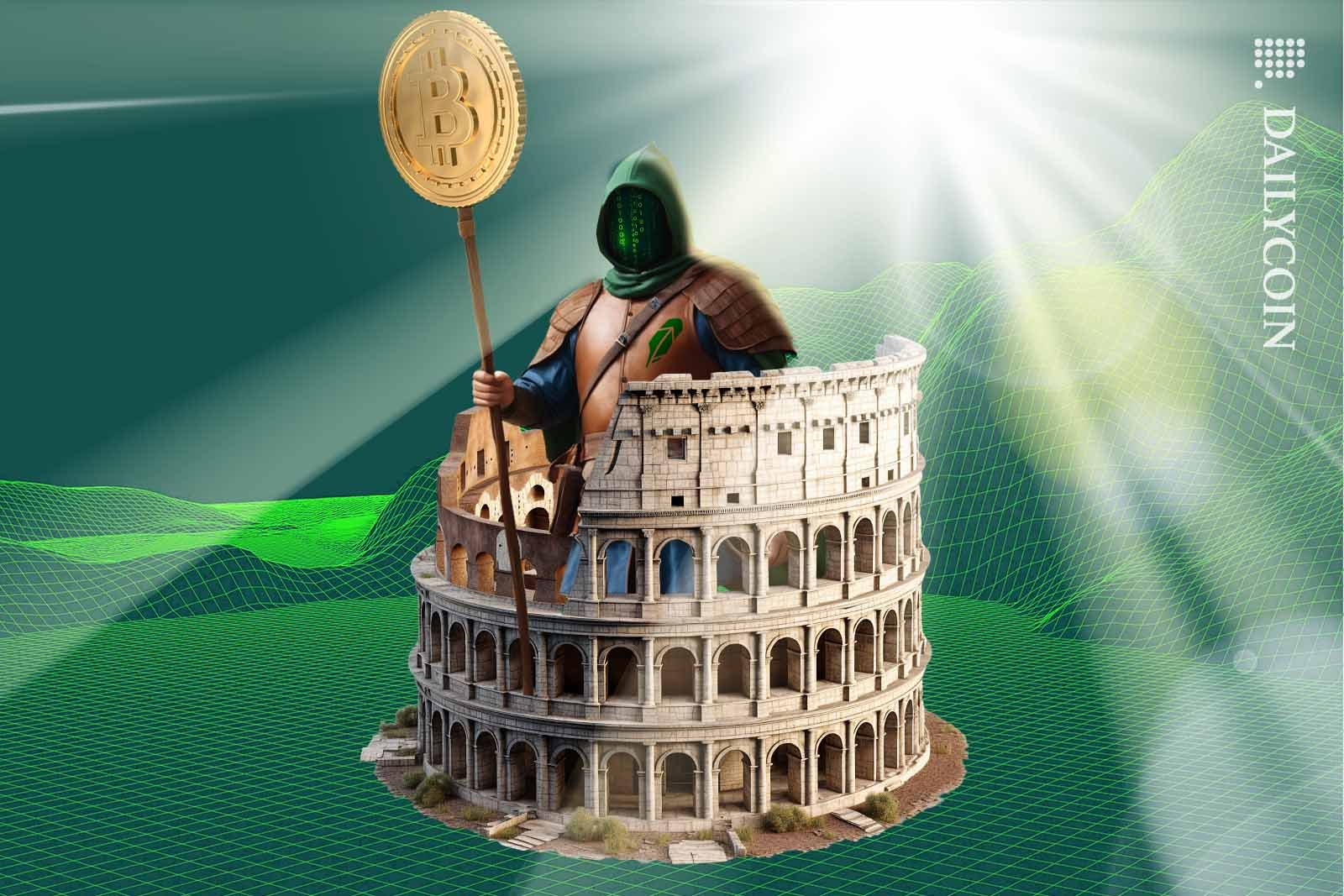 Robin Hood standing in the Colosseum holding up a Bitcoin.