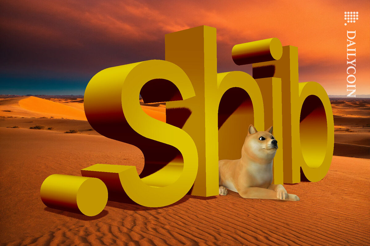 Shiba inu resting under a huge ".shib" typographic installation in a desert.