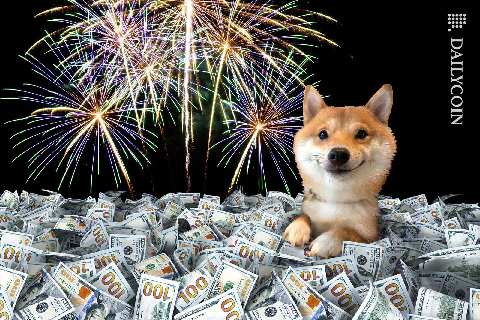 Shiba inu puppy swimming in money with fireworks in the background.