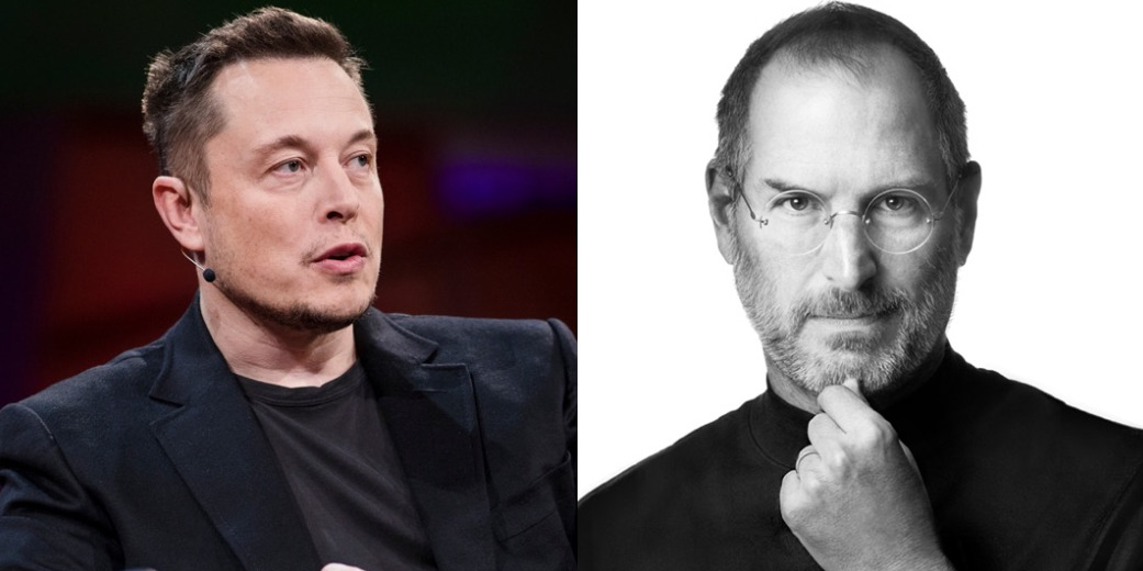 Portraits of Elon Musk and Steve Jobs alongside one another.