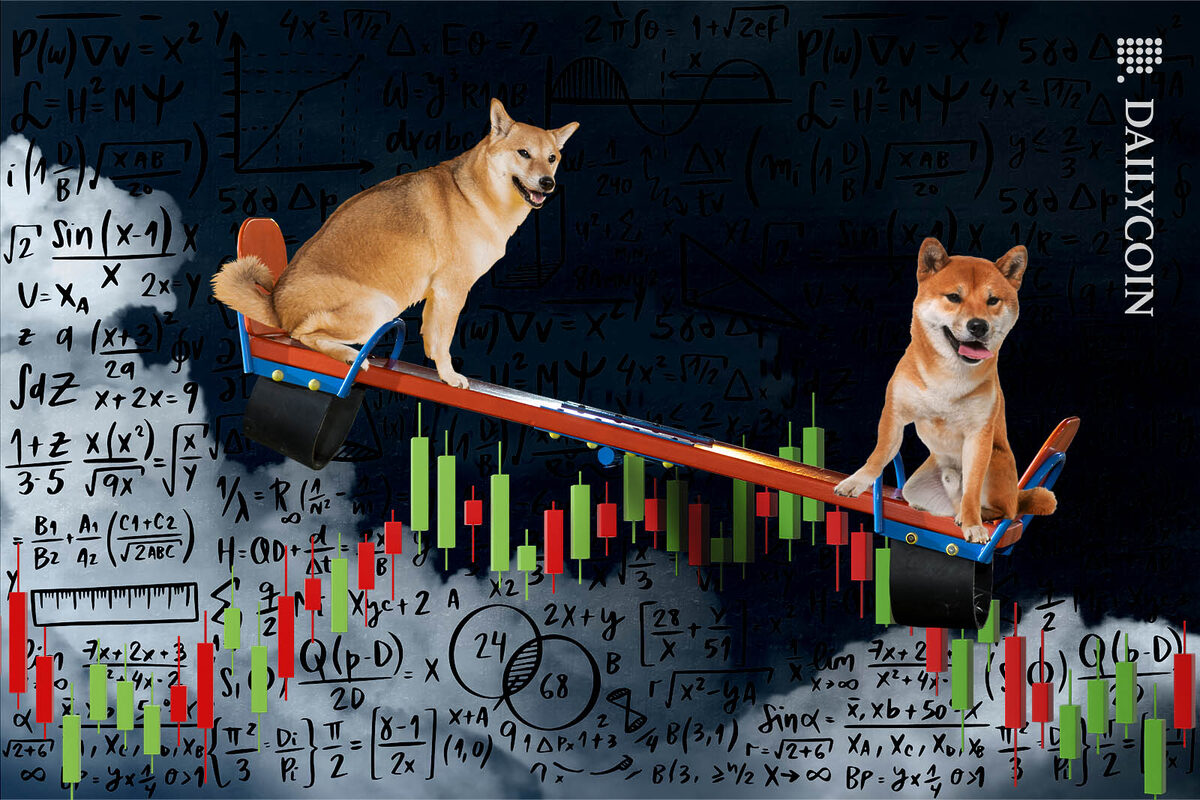 Two Shiba Inus sitting on a seesaw ballancing on a candle stick chart in the sky.