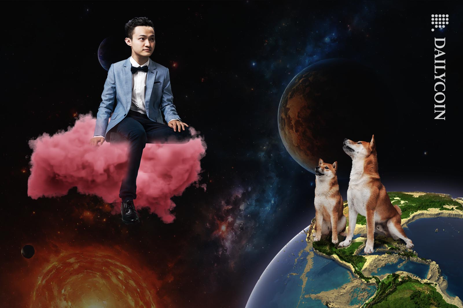 Justin Sun sitting on a pink cloud in outter space as two Shiba inus wathching from Earth.