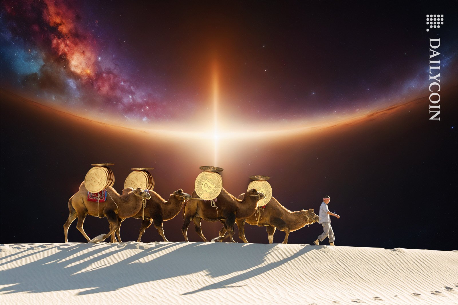 A caravan of camels transporting Bitcoins under an alien sky.