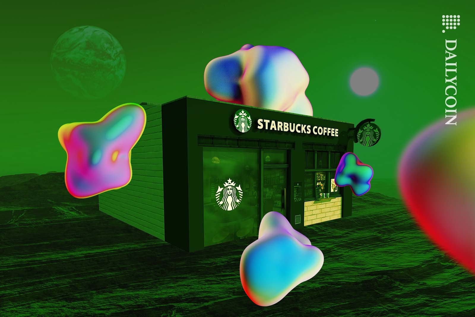 A Starbucks cafe on an alien planet surrounded by unidentified objects.