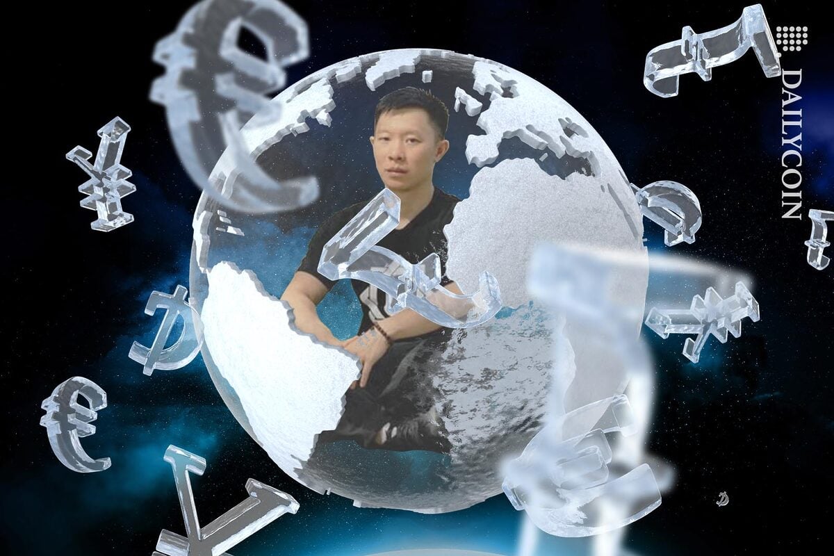 Su Zhu enclosed in a frozen globe floating in space surrounded by money symbols made out of ice.
