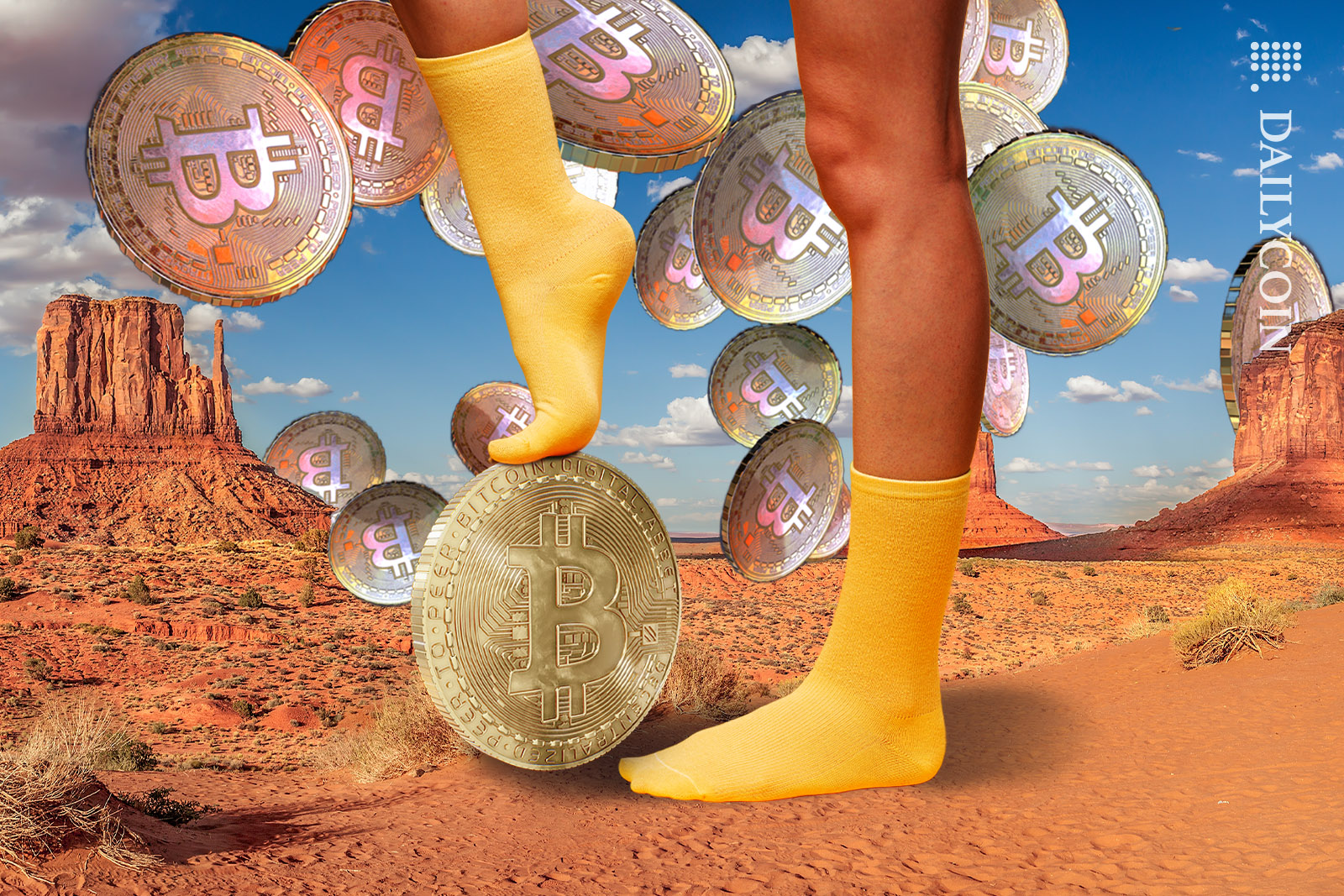 Putting a foot down on a Bitcoin in Arizona USA.
