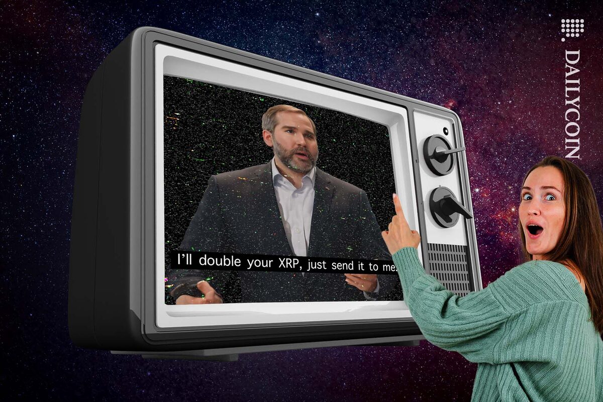 Fake Brad Garlinghouse telling people to send their XRPs to him through an old TV set.