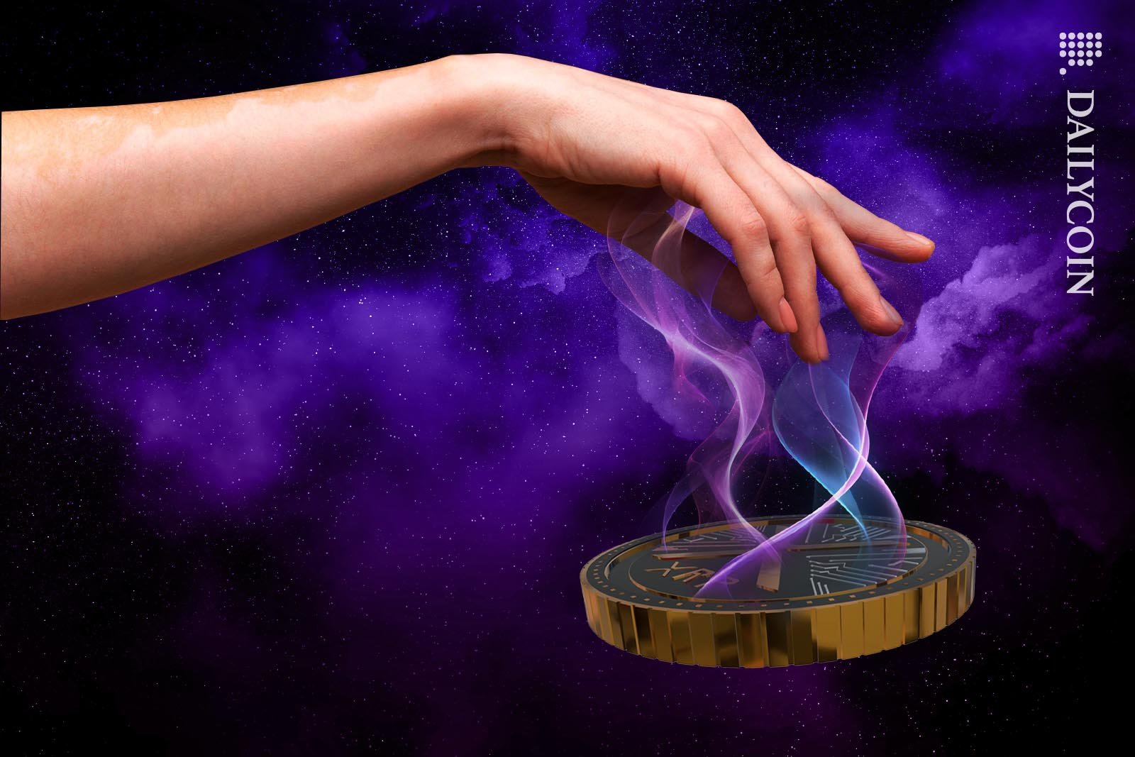 Hand in space attracting an XRP coin using energy waves.