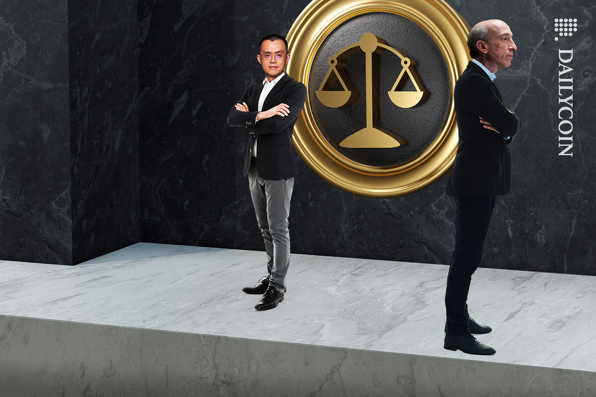 Binance CZ and SEC Gary Gensler has his back turned to CZ in the law building.