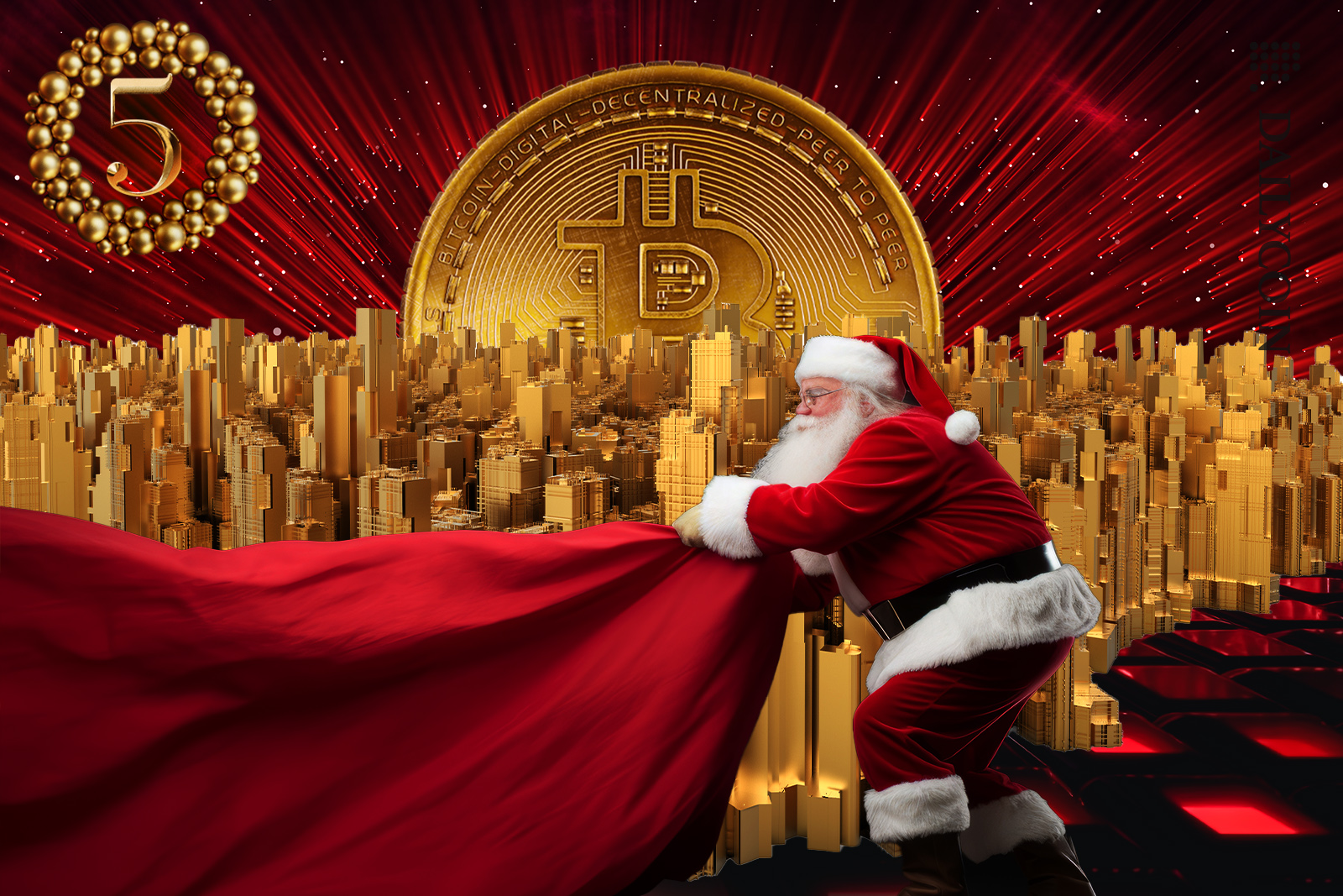 Santa revealing the golden city of Bitcoin.