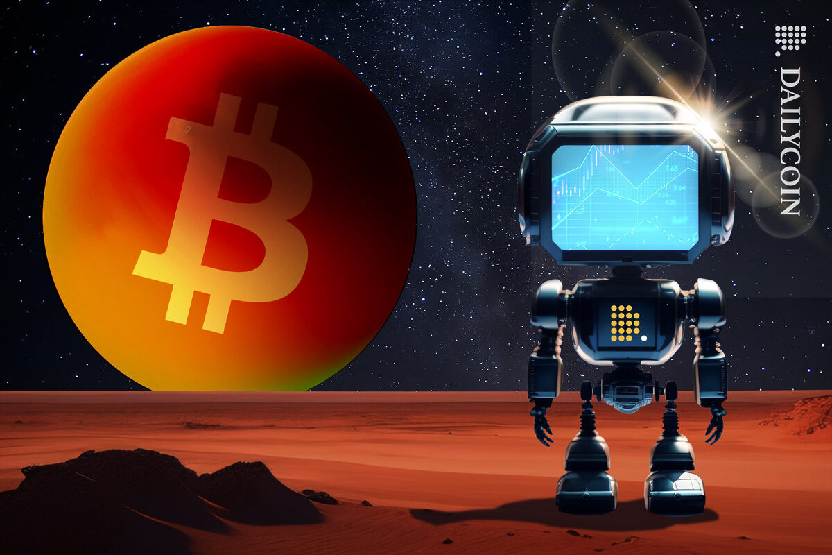 A small space robot with DailyCoin logo on his chest looking at a tiny planet with the Bitcoin Logo on it.