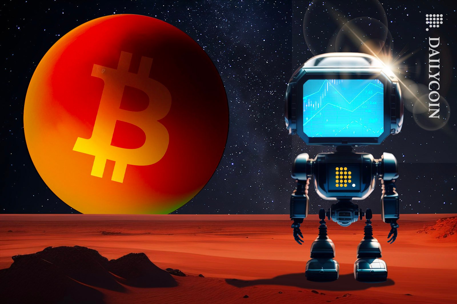 A small space robot with DailyCoin logo on his chest looking at a tiny planet with the Bitcoin Logo on it.